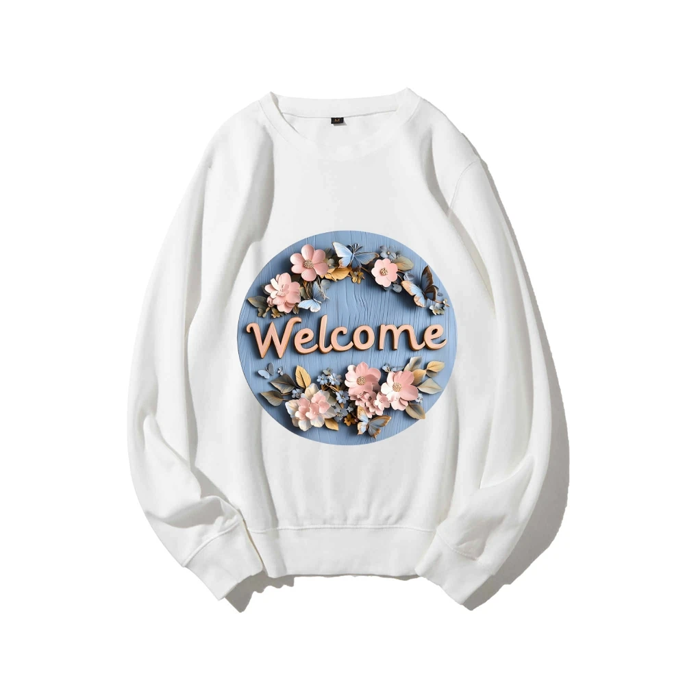

Y2K Graphic Sweatshirt Welcome with Floral Wreath Prin, Warm Inviting Free Style Soft Fabric for Hospitable Casual clothes