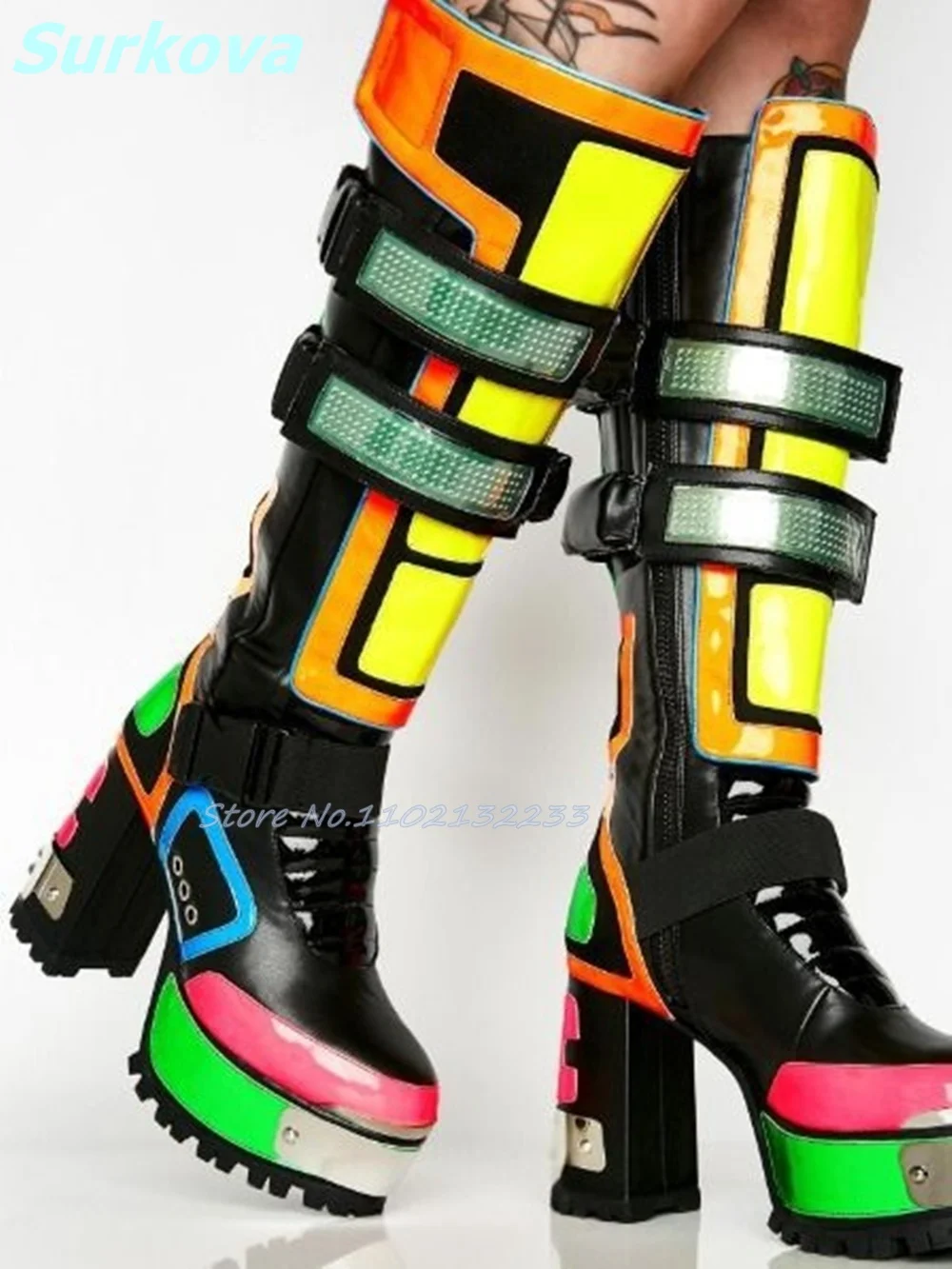 Colorful Neon Boots Round Toe Chunky High Heel Mixed Colors Side Zipper Knee High Boots Newest Fashion Cool Platform Women Shoes