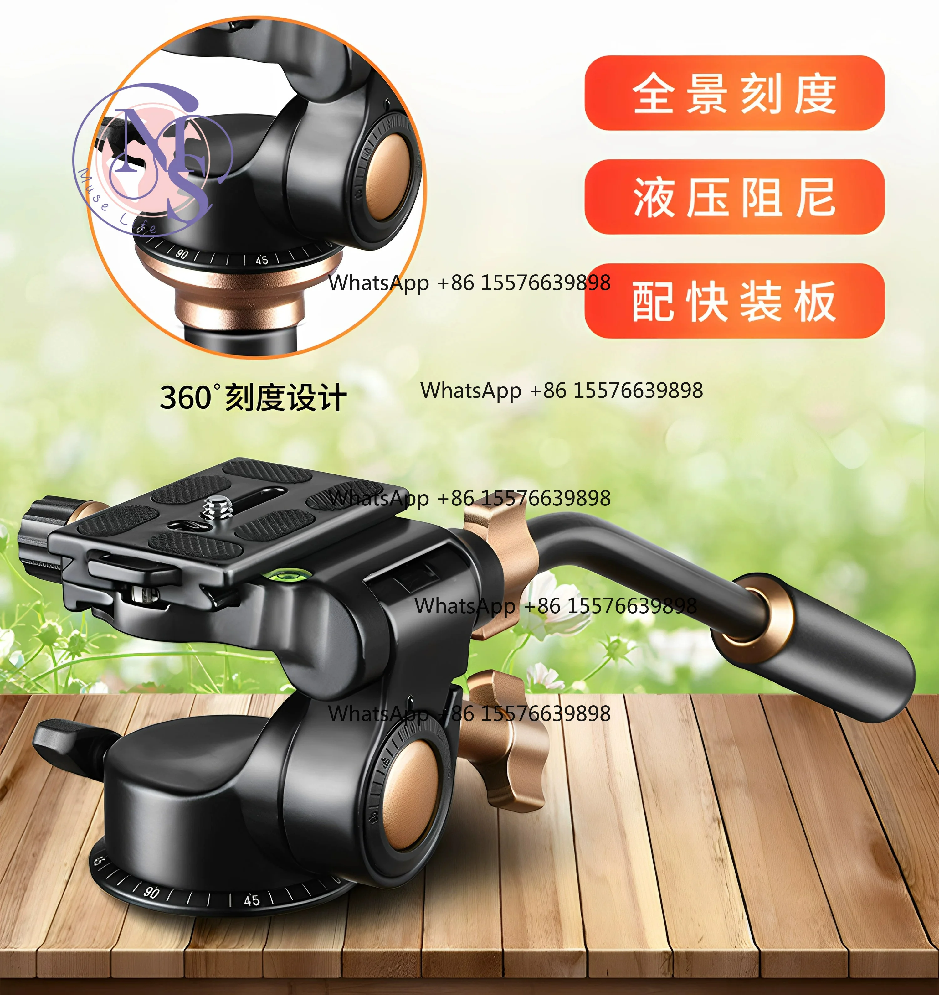 3-Way Hydraulic Damping Tripod Head, 360° Panoramic Vertical Shot Camera Tripod Mount With Handle