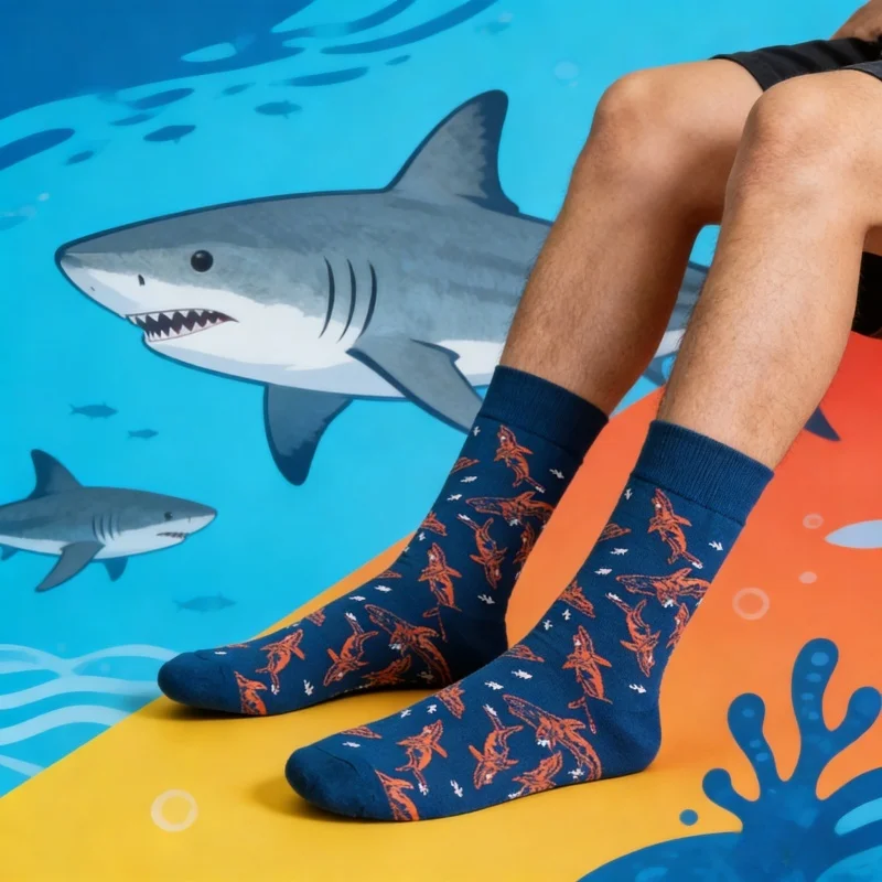 

1 пара носков средней длины с рисунком акулы, темно-синие мужские повседневные носки контрастного цвета в уличном стиле