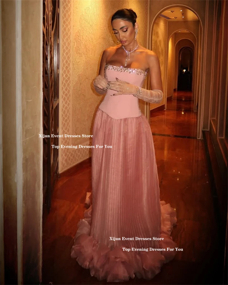 Xijun Pink Luxury Evening Dresses Sleeveless 3D Flowers Ruched Prom Dresses Crystal A-Line Saudi Arabric Prom Gowns Customized