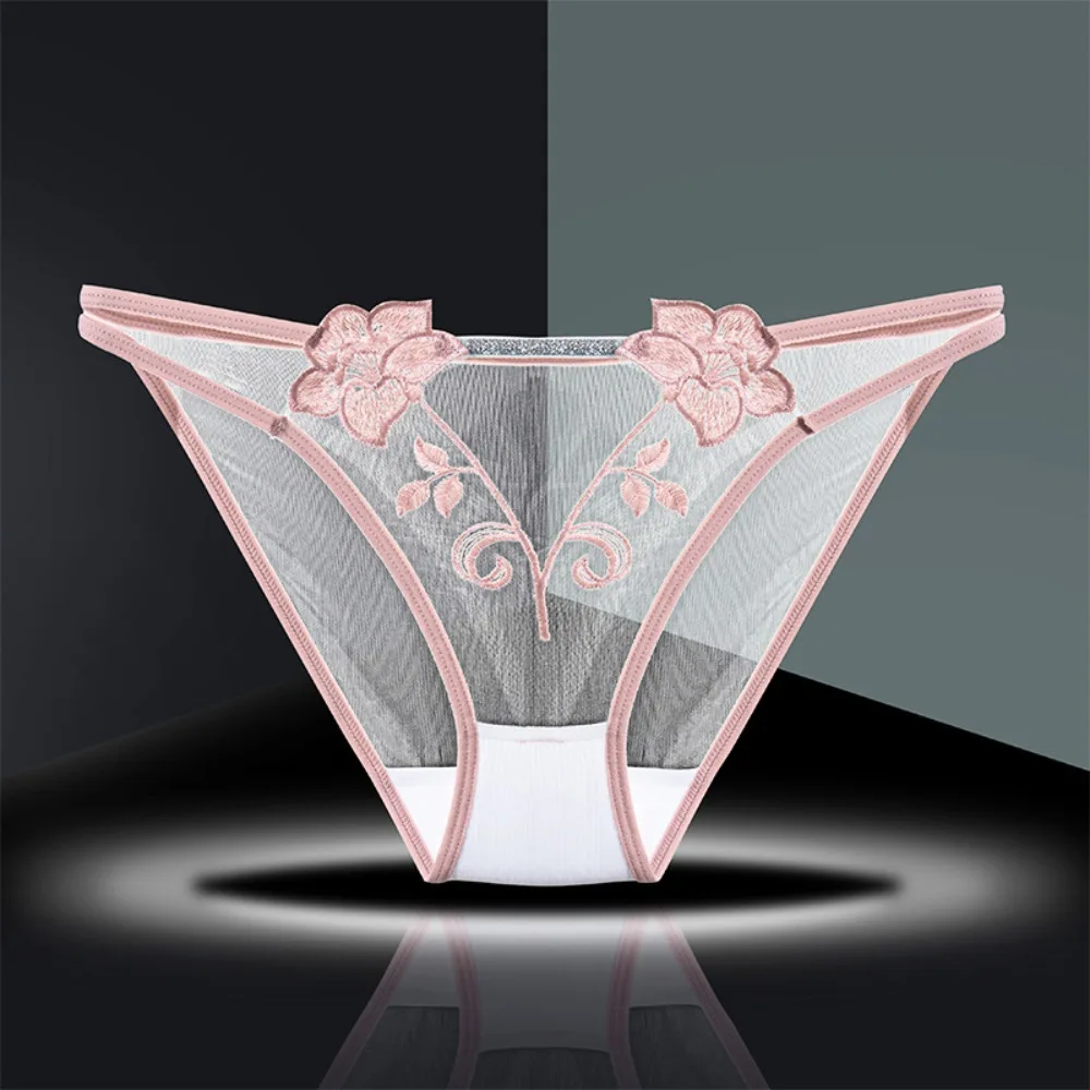 

Hollow Out Women's Flower Embroidery Panties Cotton Crotch Thin Belt Mid Waist Mesh Briefs Underwear Solid Color