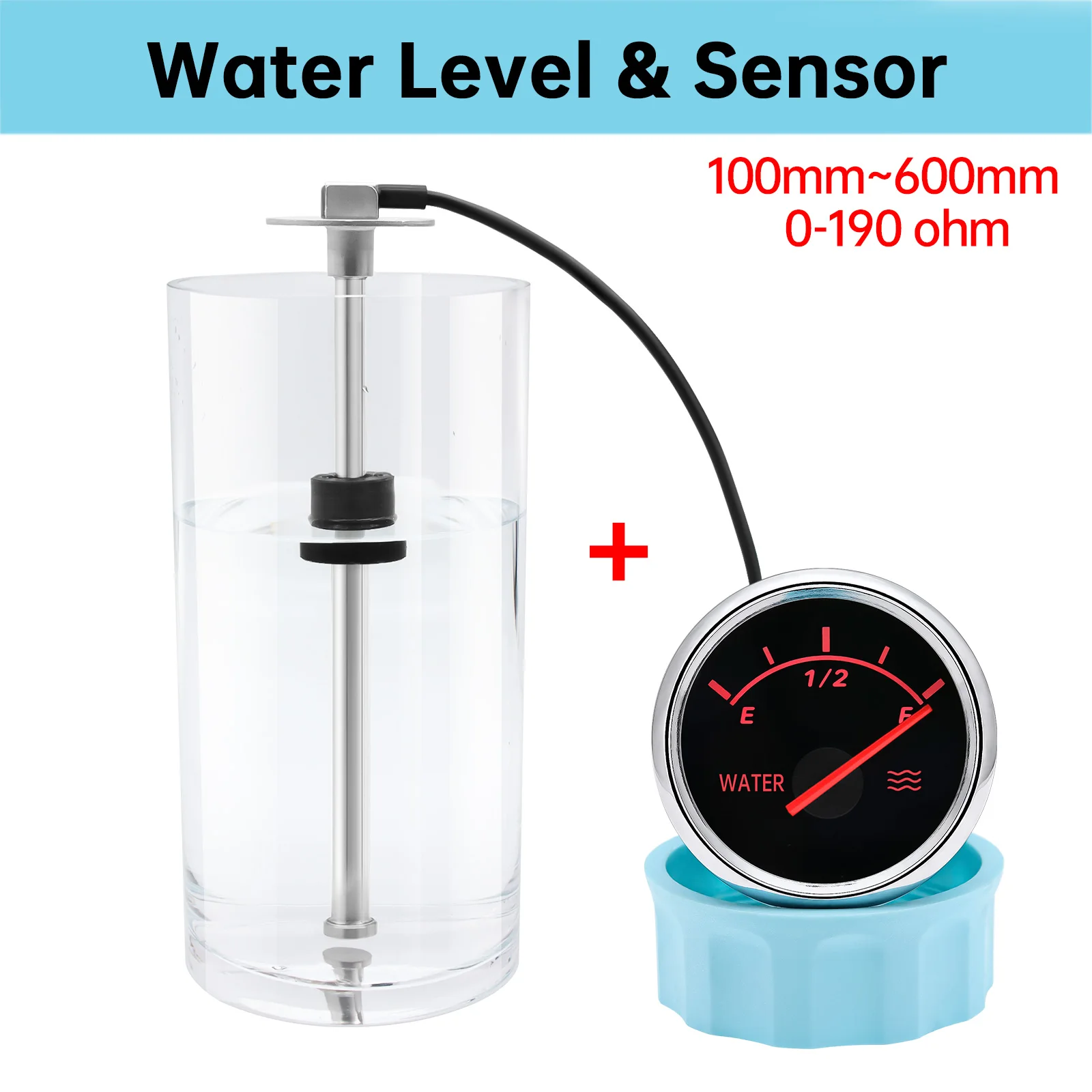 52MM Water Level Gauge with Water Level Sensor 0-190 Ohm Sensor Water Level Meter Tank Indicator with Red Backlight