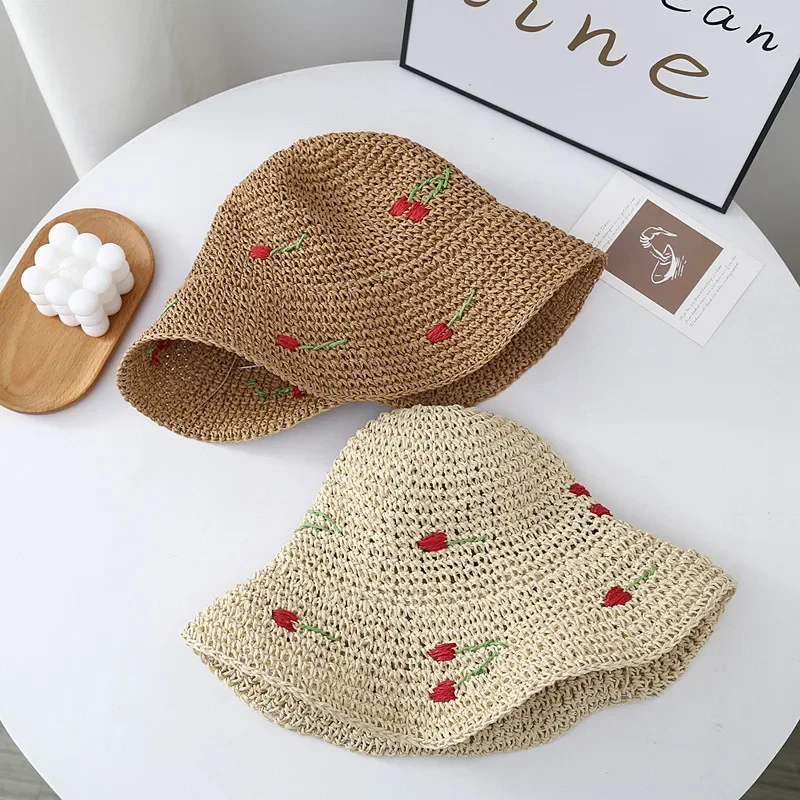 

Wave Brim Straw Hat Women Summer Knitted Cherry Hat Breathable Hat Beach Wide Brim Cap