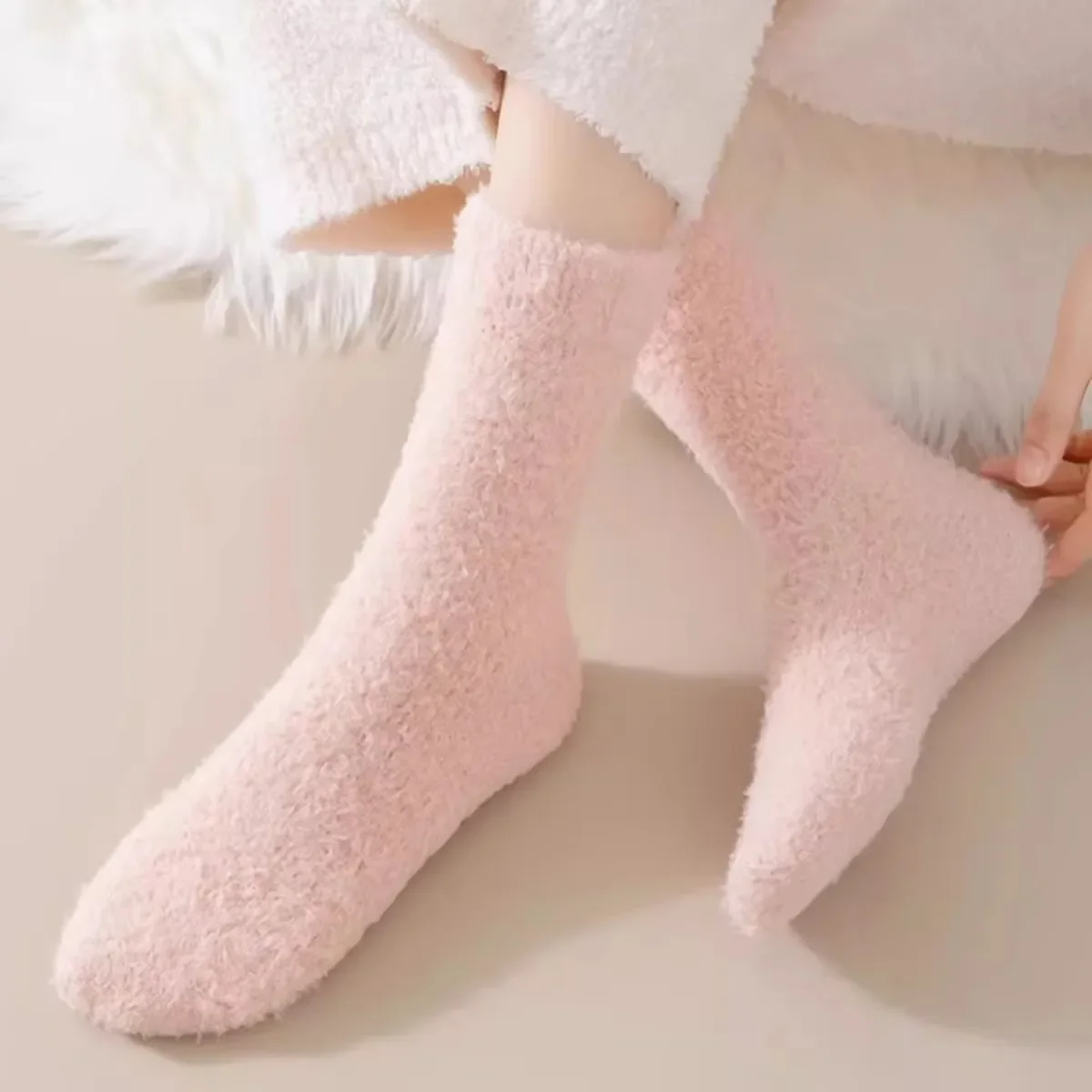 1 Paar Damen-Crew-Socken, rosa, warm, flauschig, dick, flauschig, einfach, feuchtigkeitsableitend