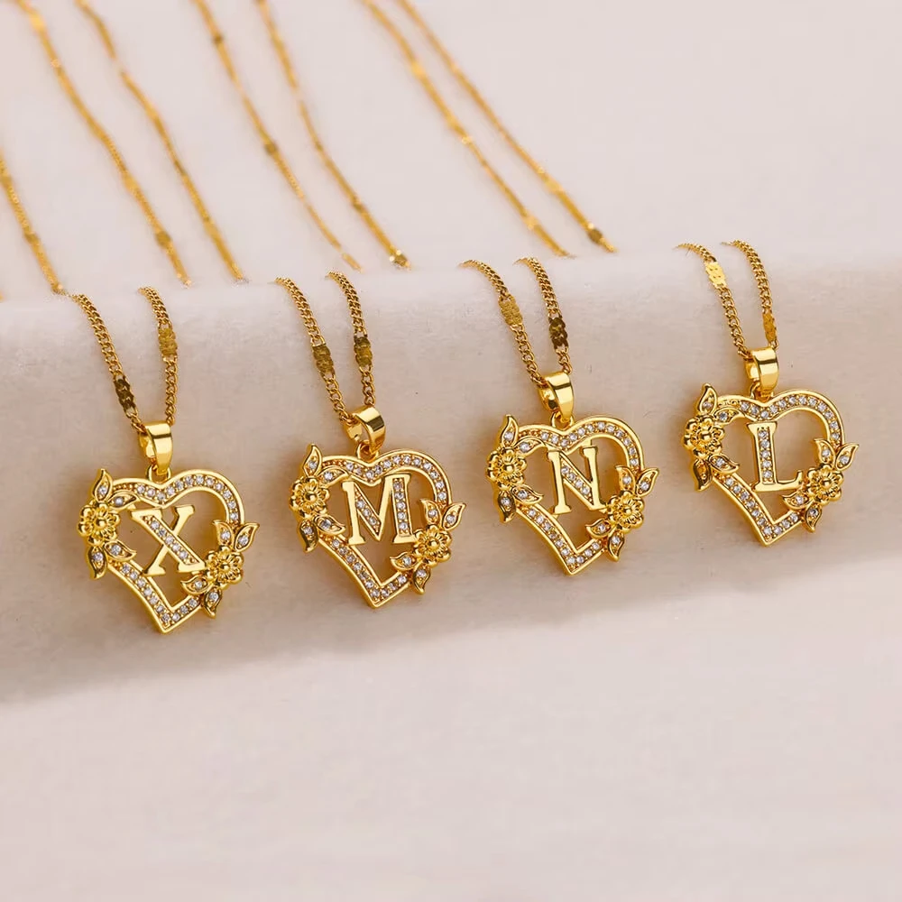 Mode Blume Zirkon Initialen Halsketten Für Frauen Edelstahl Liebe Herz Gold Farbe Brief Kette Valentinstag Schmuck