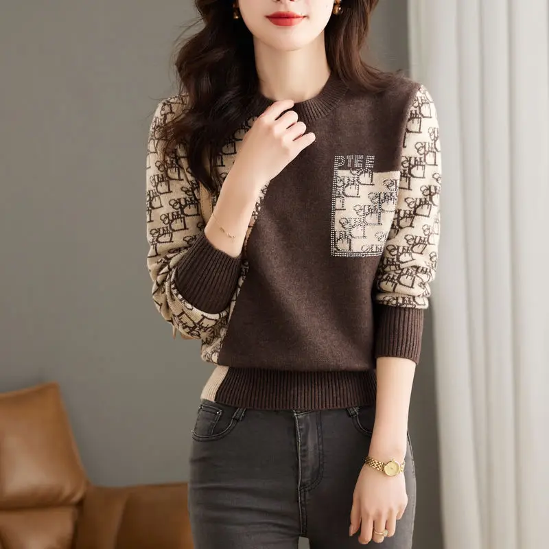 Fashion Elegant Half High Collar Patchwork Sweaters Female Autumn Winter Korean Commute Diamonds Knitted Tops Women\'s Clothing