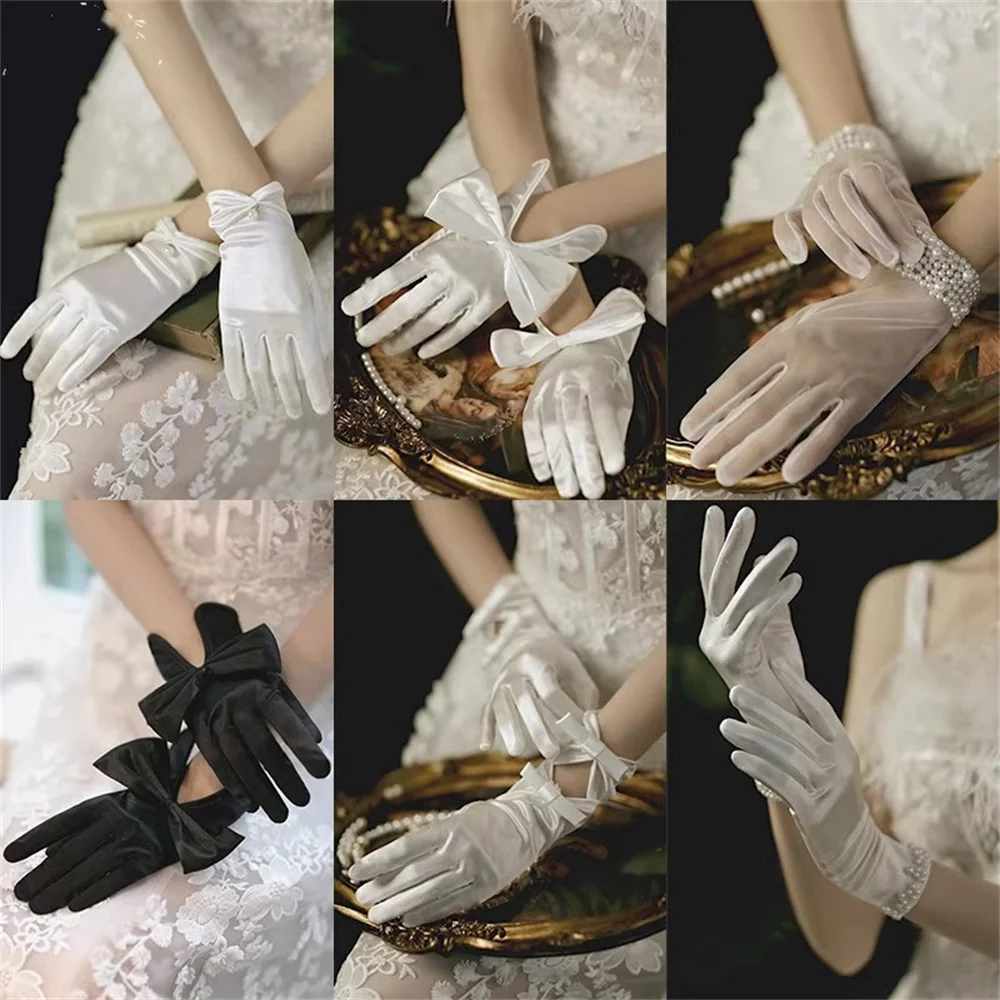 Bridal Gloves Pearl Bowknot White Wedding Satin Gauze Gloves Wedding Photography Short Lace Lolita Gloves Wedding Accessories