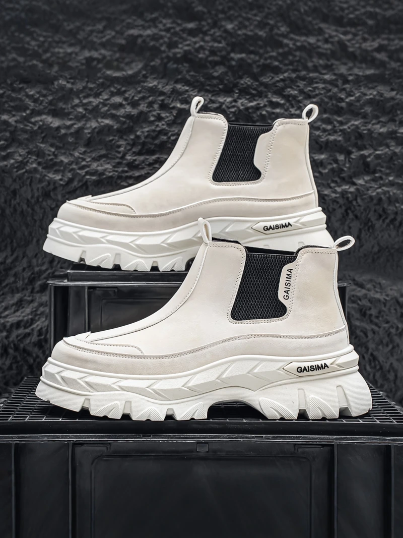 

Chelsea Boots Men's Winter Casual Thick Bottom Heightening Versatile White Workwear Short Boots Fashionable Youth Tren...
