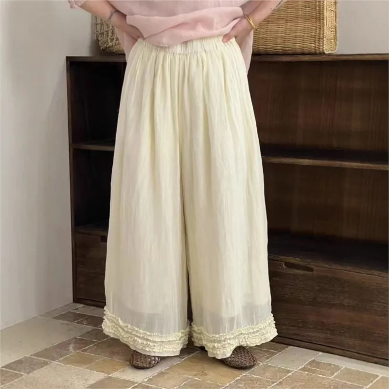 

Johnature 2025 New Ramie Lace Women Straight Leg Pants Vintage Solid Color Loose Casual Mori Elastic Waist Women Pants