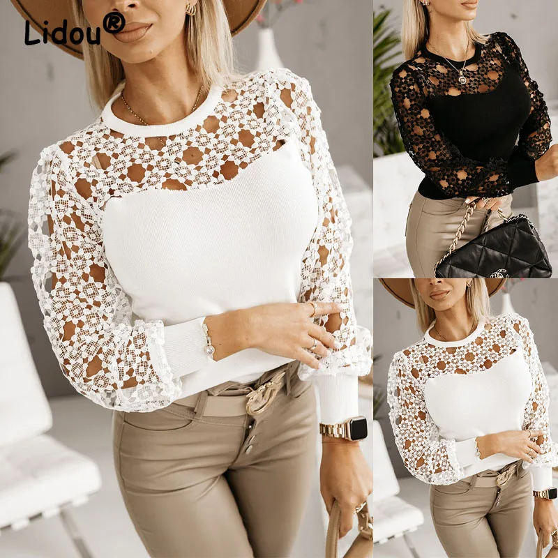 2023 Spring and Autumn Women\'s New Fashion Sexy Hollow Lace Lace Panel Round Neck Long Sleeve Casual Comfortable Versatile Top