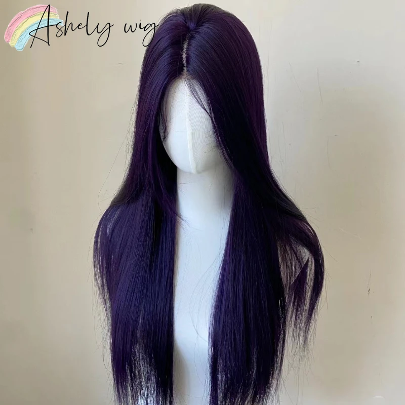 13x4 Dark Purple Wig Long Straight Purple Synthetic Lace Front Wigs for Woman daily use Heat Resistant Fiber Glueless Lace Wigs