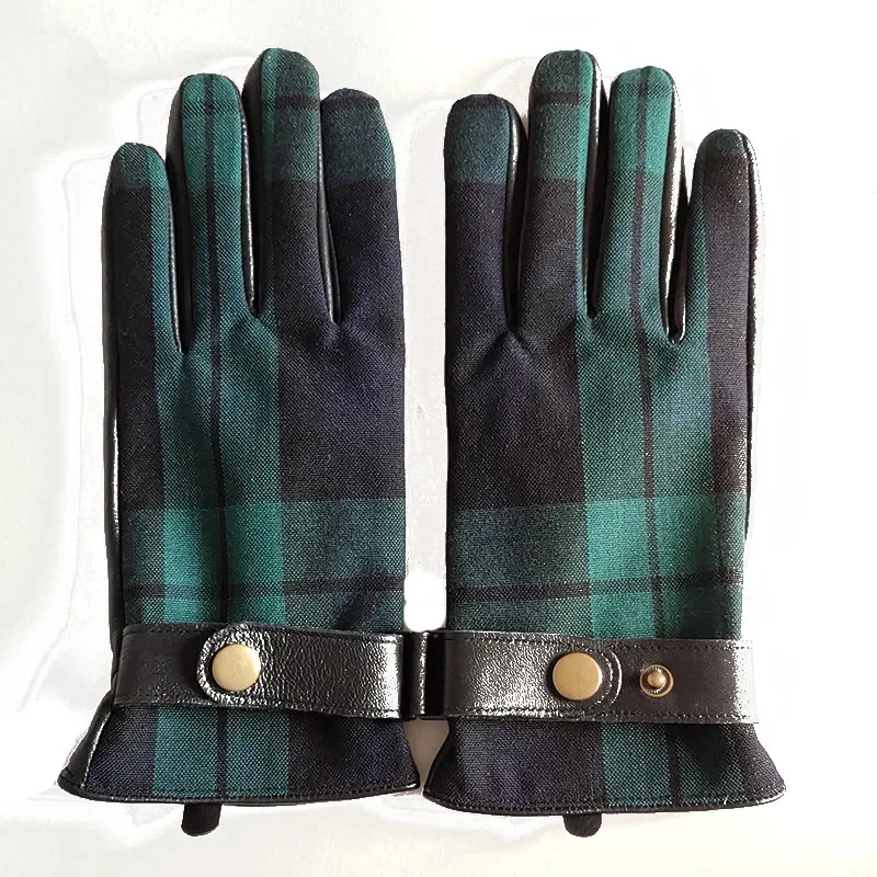 England Style Men's Genuine Leather Gloves Green Plaid Touch Screen Real Sheepskin Winter Warm Gloves