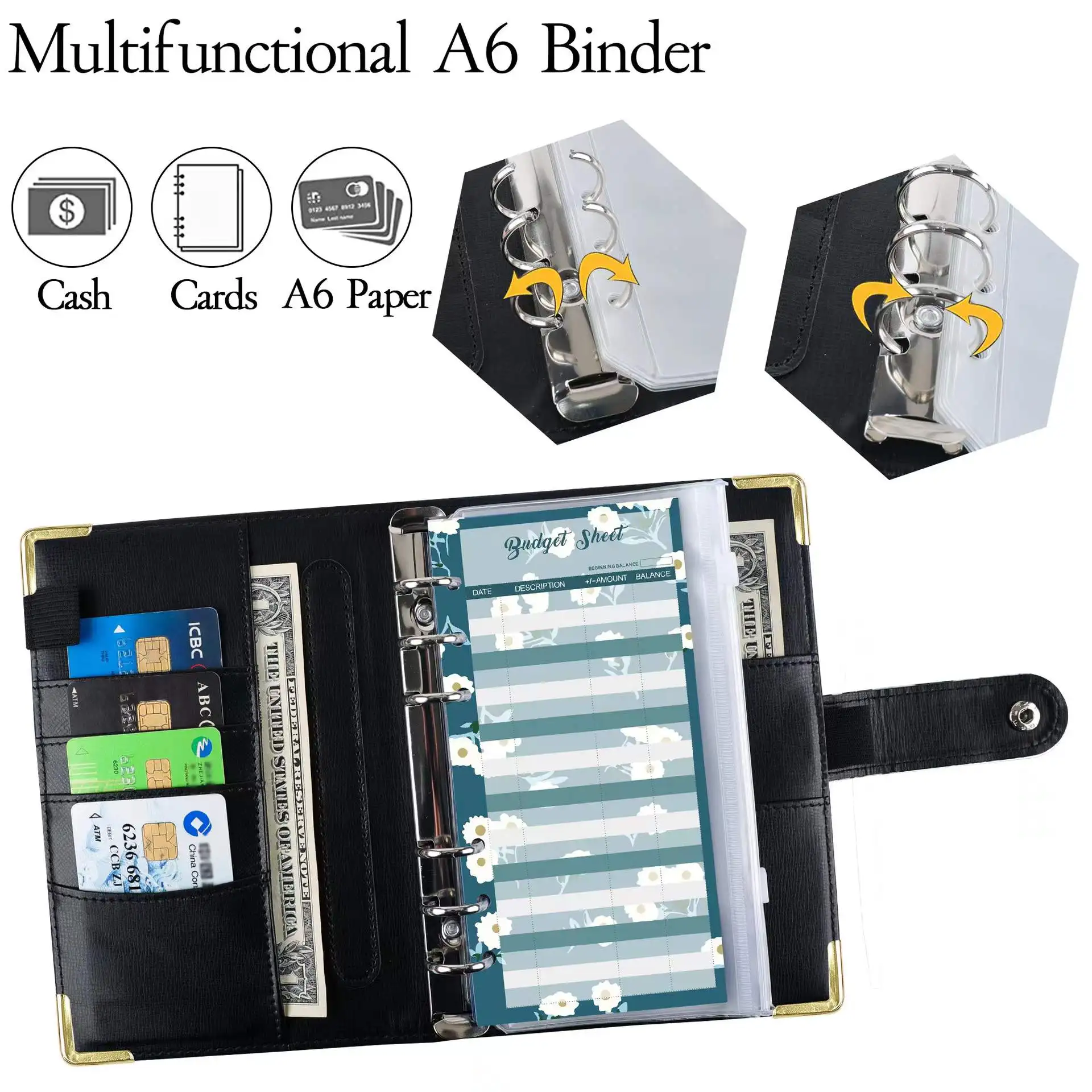 Carpeta de presupuesto de cuero PU A6, organizador de dinero de cuaderno con cremallera, sobres de efectivo, hojas de presupuesto de gastos,