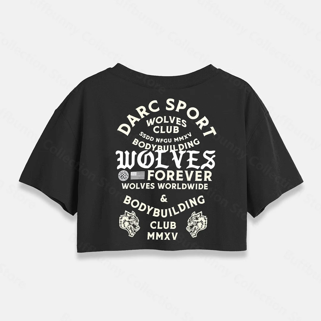 She Darc Women Sport T-shirts Oversized Crop Fitness Bodybuilding Gym Short Sleeve Tshirts Workout Wolf Crop Tops Cotton Shirts