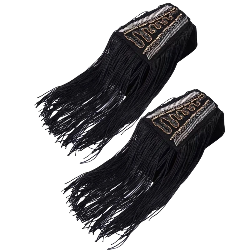 Fringed Uniform Epaulets Bead Studded Shoulder Badges for Various Outfit Decors