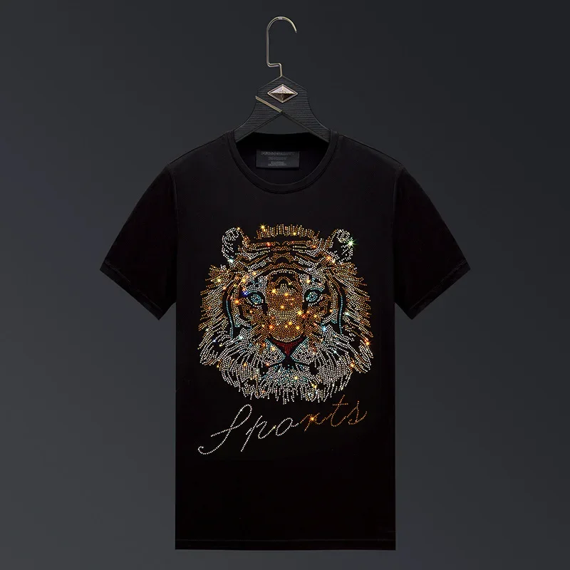 

Animal Rhinestones T Shirts Men Clothing Summer Fashion Streetwear Slim Modal Cotton O Neck Short Sleeve T-shirts Plus Size 6XL