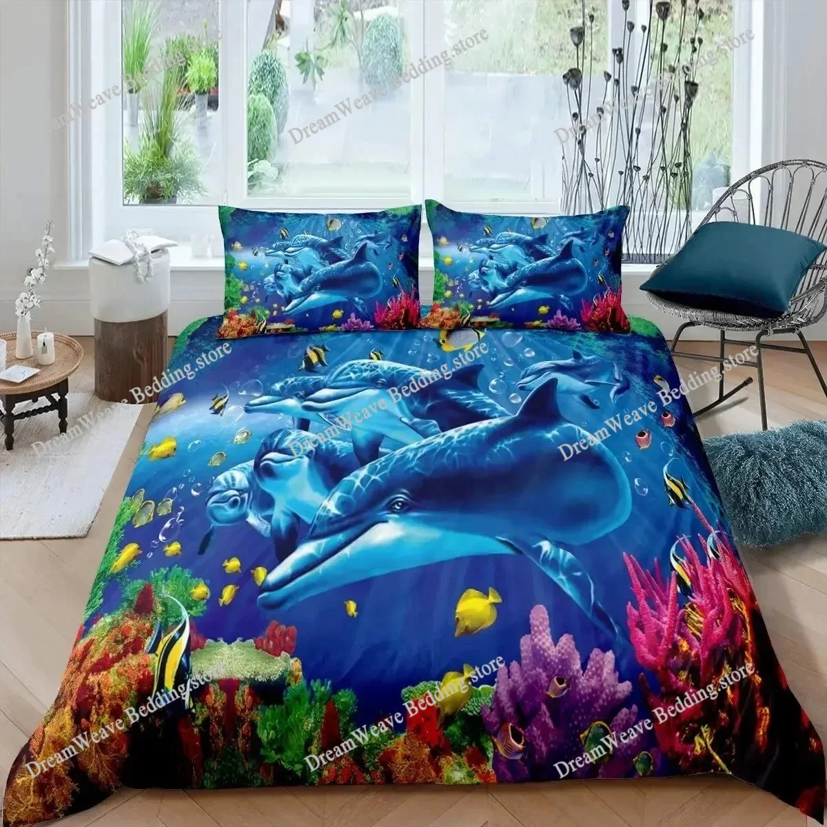 

3D Dolphin in Blue Sea Queen King Size Bedding Sets Animal Single Quilt Duvet Cover Set Boys Adult Bed Polyester Bedclothes