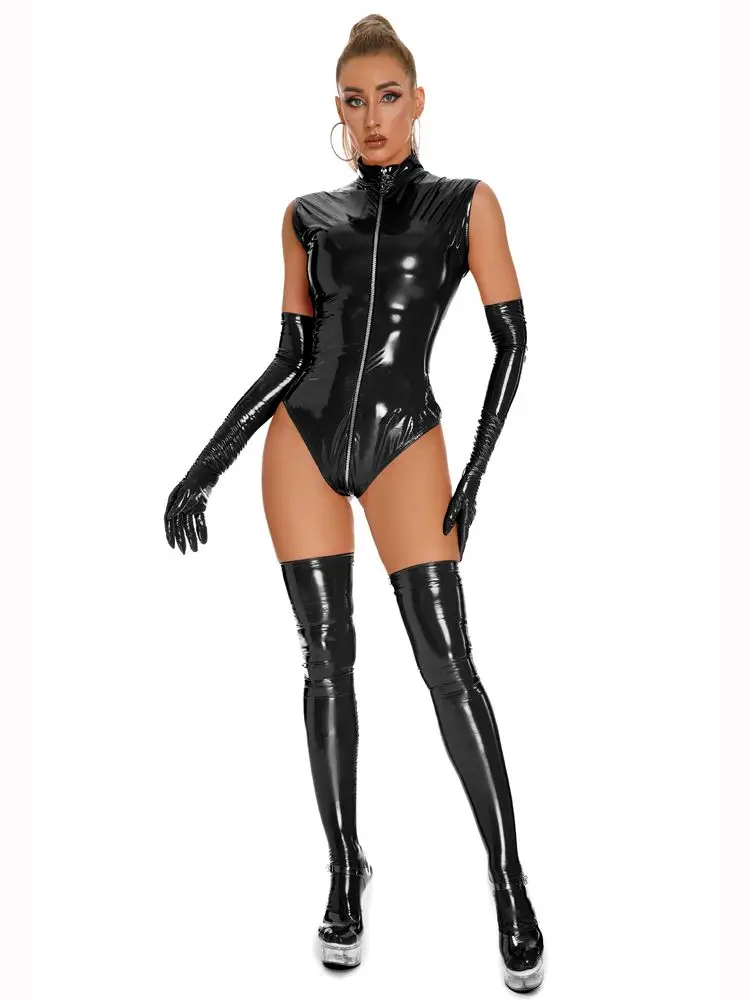 Áo Cổ Cao Ướt Nhìn PVC Catsuit Sáng Bóng Da PU 3 Dây Kéo Mở Đáy Quần Bodysuit Thun Hóa Cơ Thể Top Gợi Cảm clubwear