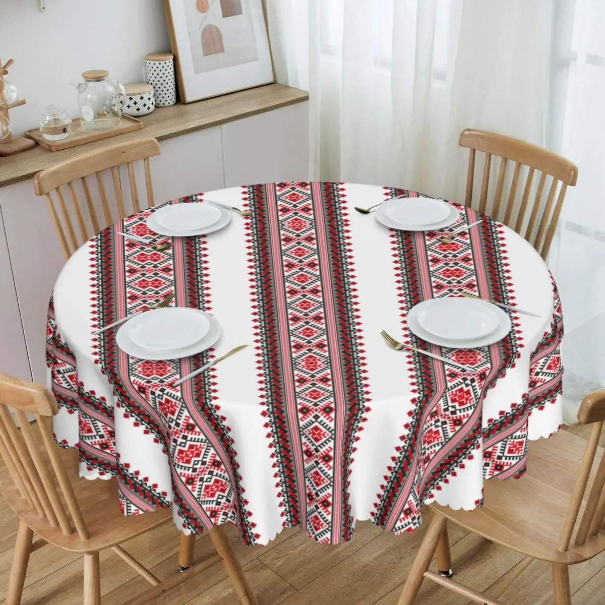 Ukraine Vyshyvanka Embroidery Tablecloth Round Oilproof Bohemian Geometric Table Cover Cloth for Kitchen 60 inches