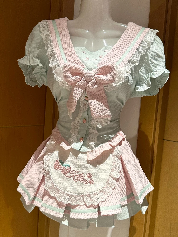 

Sweet Preppy Style Lolita 2 Piece Sets Women Y2k Kawaii Design Tops + High Waist Skirt Female Princess Retro Chic Outfits Summer