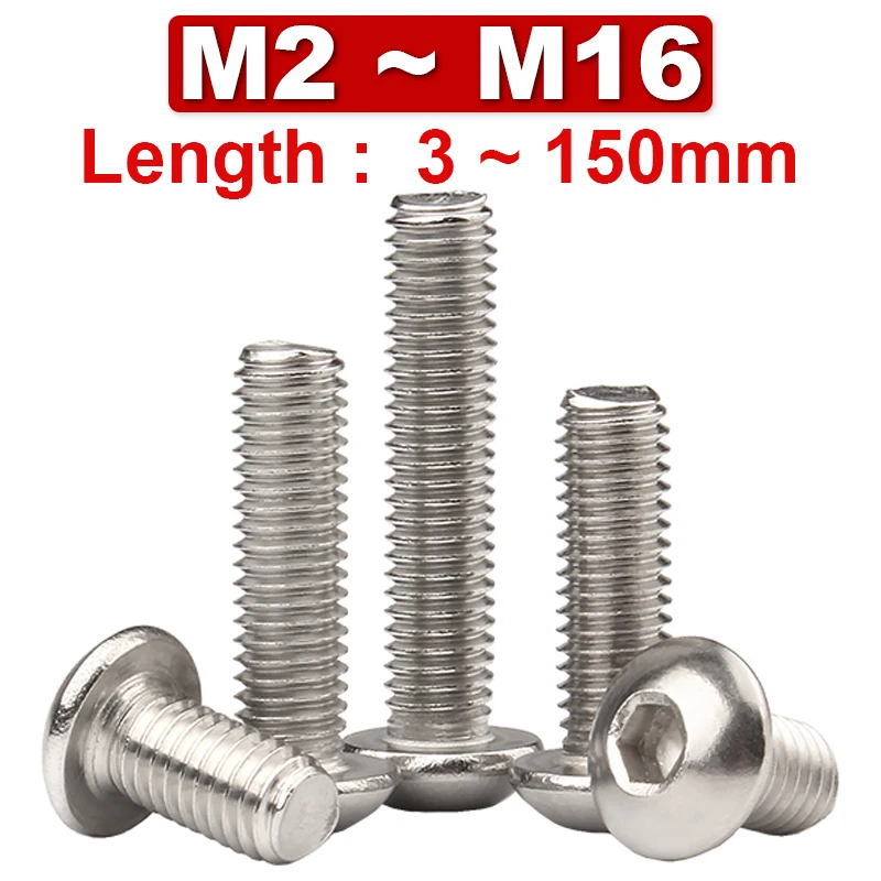 

M2M2.5M3M4M5M6~M10 304 Stainless Steel Round Head Hexagon Socket Screw Pan Head Bolt Half Round Cup Mushroom Head Screw 2~50 Pcs