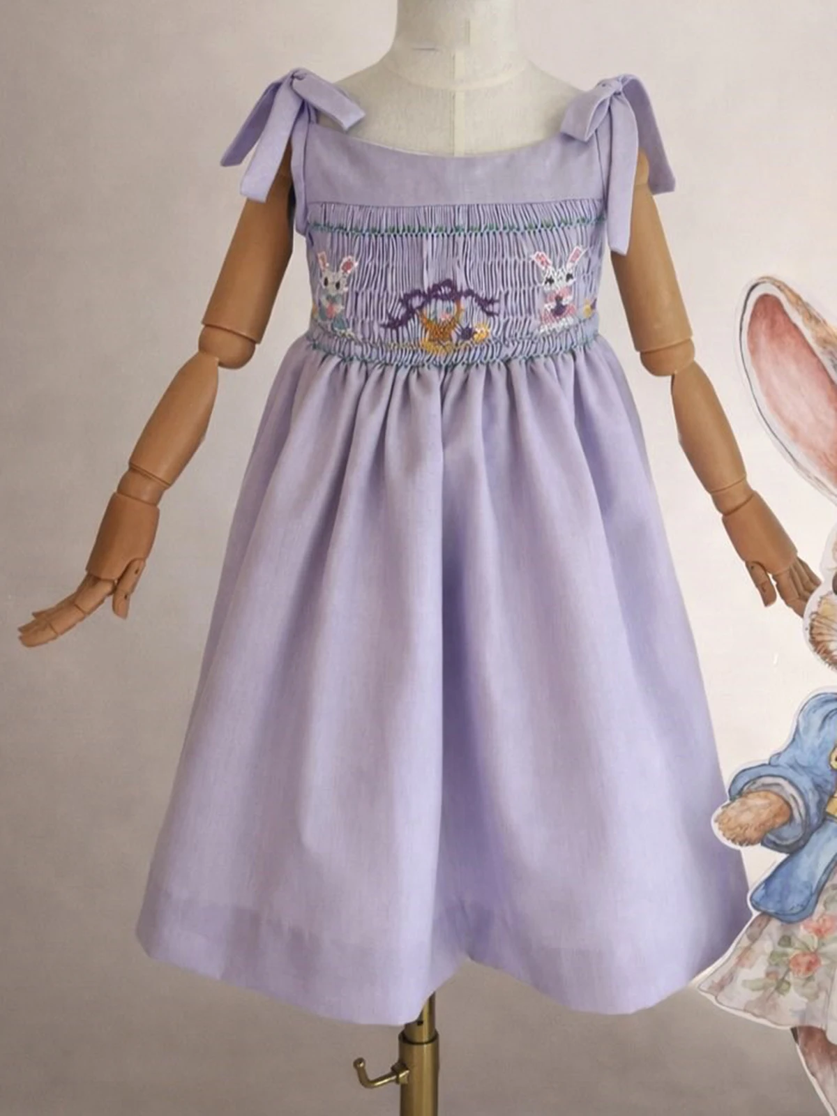 Summer Baby Girl Handmade Embroidered Rabbit Flower Basket Purple Smocked Dress For Casual Party Birthday Wedding Photography