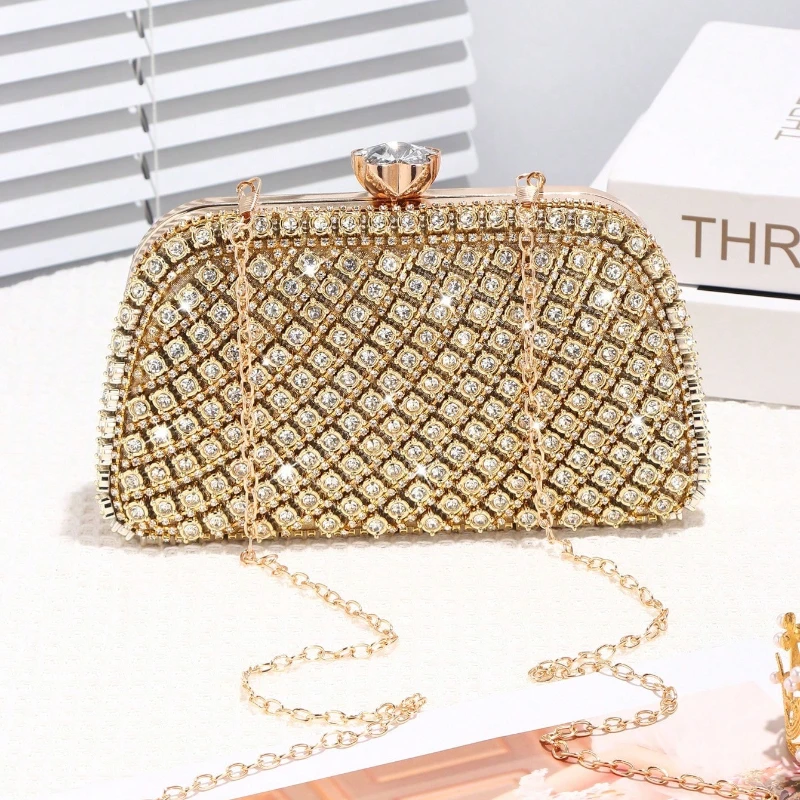 

Gold Rhinestone Encrusted Clutch with Metal Handle Crystal Elegant Evening Bags for Wedding Party Dazzling Silver Handbags