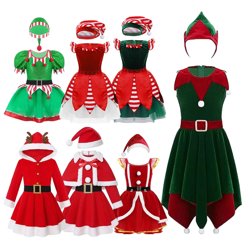 Girls Christmas Santa Costume Red Long Sleeve Dress with Hat Belt Girls Xmas Dress Up Party Holiday Suit for Kids Cosplay