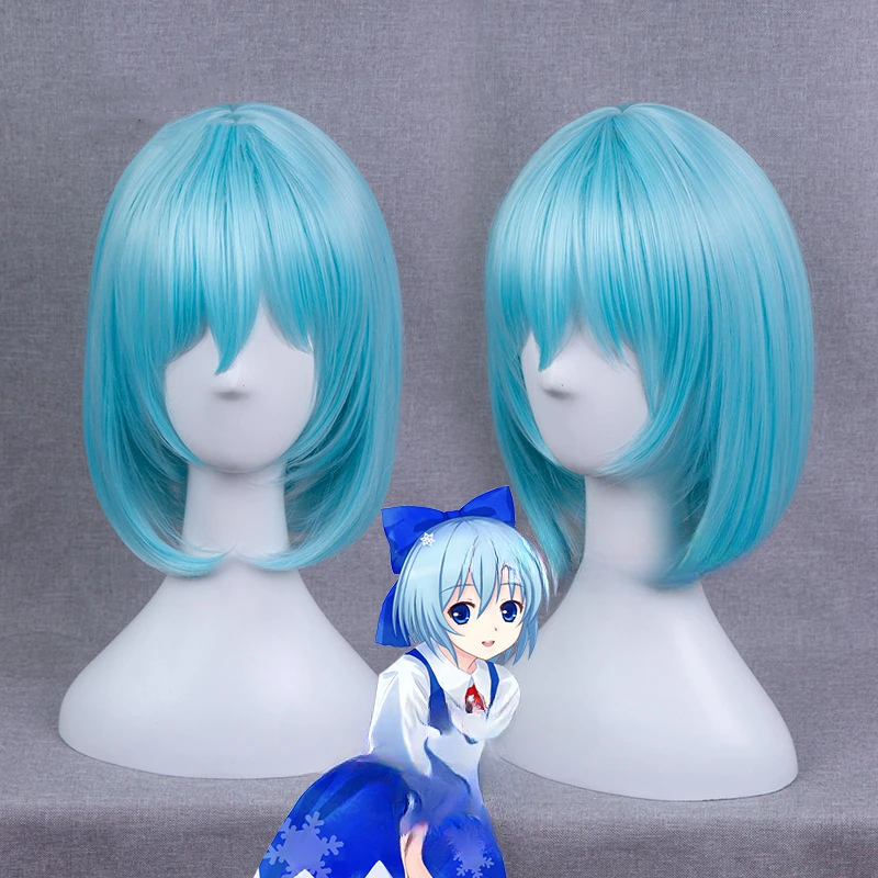 TouHou Project Cirno Cosplay Blue Wig Short Curly Heat Resistant Synthetic Hair for Women Costume Gift