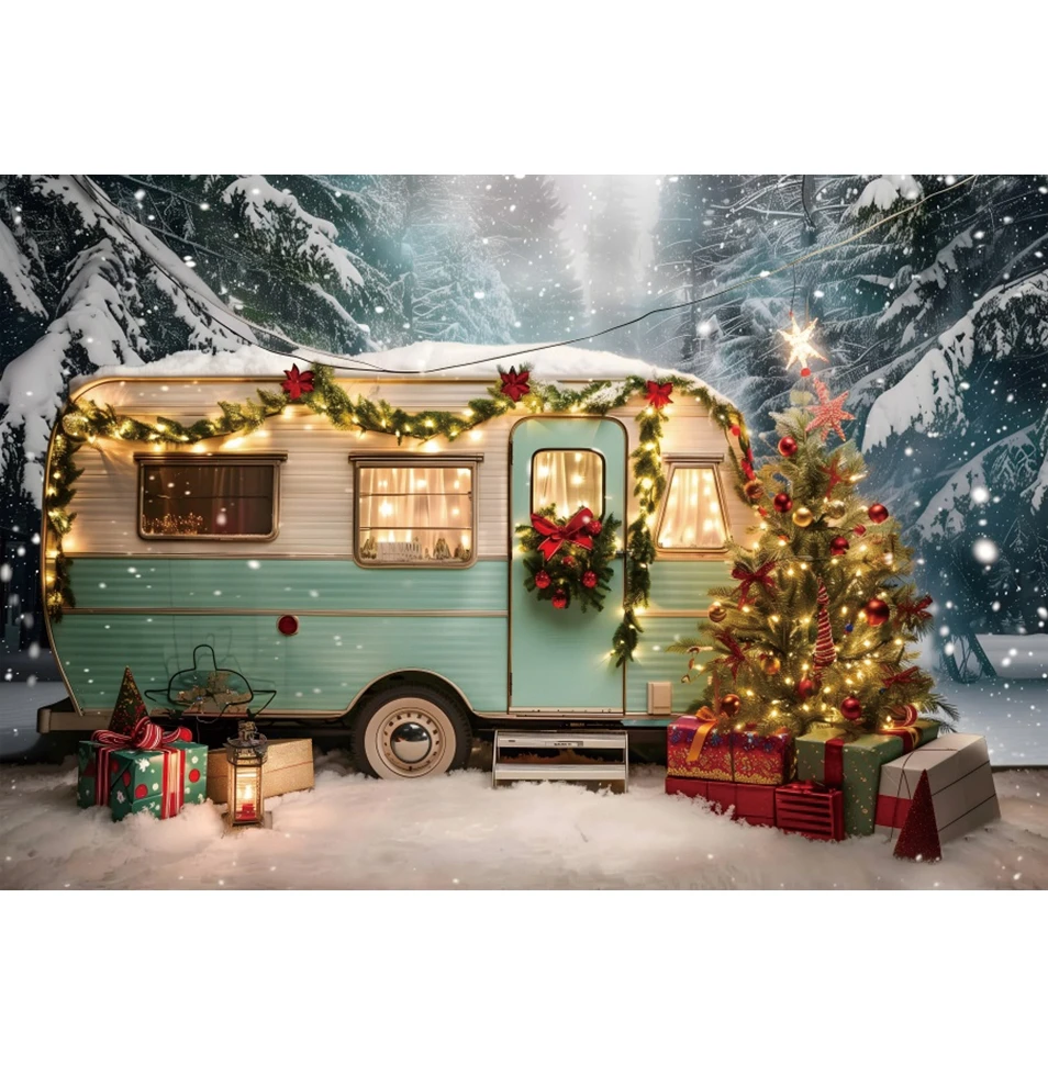 Christmas Winter Camping Car Backdrop Giltter Lights Outdoor Snowfield Forest Xmas Travel Portrait Photography Background Decor