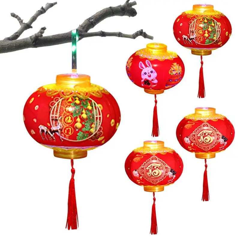 Chinese Lanterns 5pcs | LED Lighted Handheld Lantern | 2023 Year of Rabbit Decoration Cartoon Rabbit Printed Red Lanterns Random