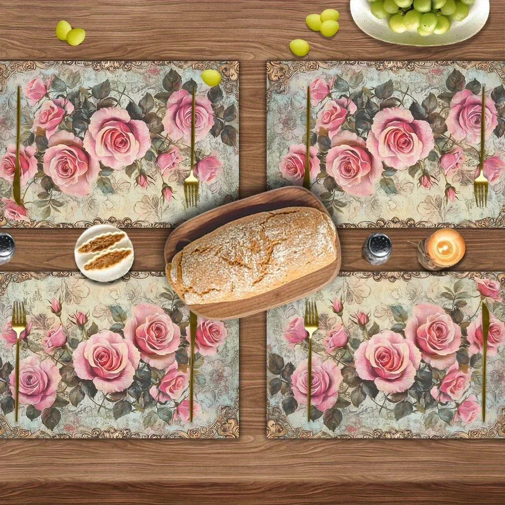 4PCS A Vintage Style Placemats Featuring An Arrangement Of Pink Roses Printed Placemats Washable Place Mats For Dining Table