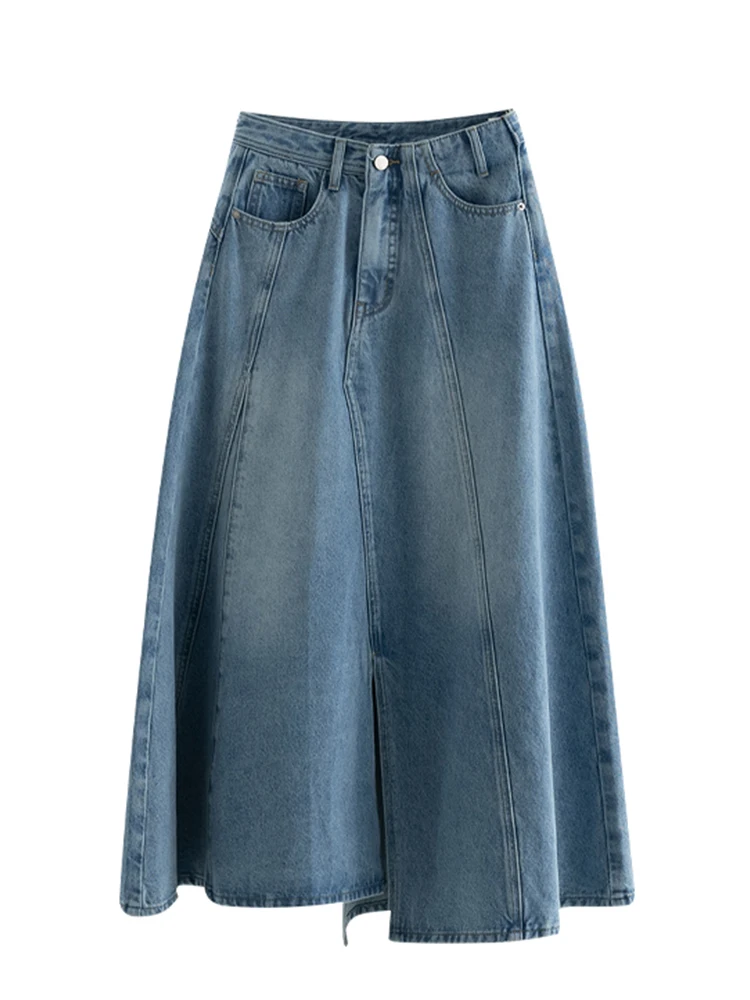 

Fall Winter Women Denim Midi Slit A-line Skirt Vintage Korean Fashion 2000s Aesthetic Ins Street Classical Mori Girl Party Chic