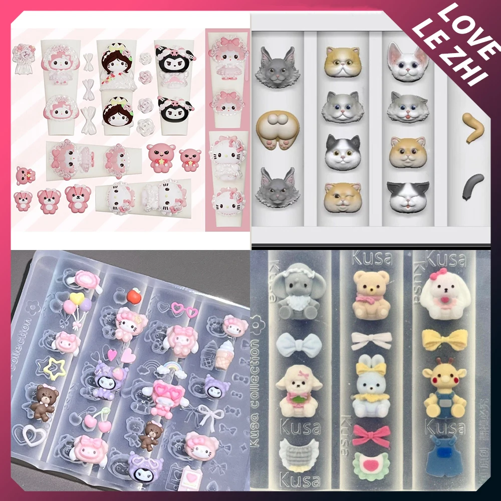 

1Pc Cartoon Cute Hello Kitty Kuromi 3D Acrylic Nail Art Silicone Mould Kawaii Animals Cat Dog Rabbit Flower Bow Nail Charms