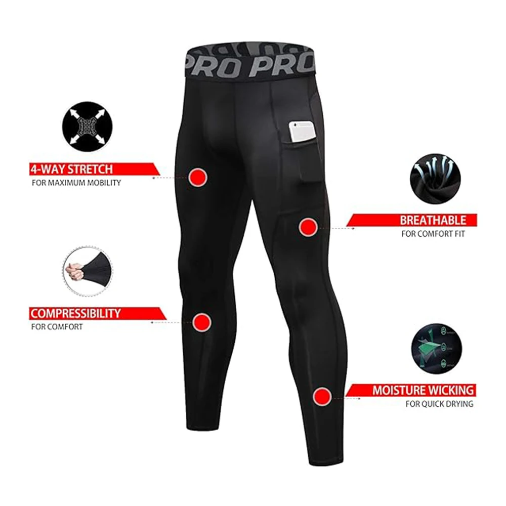 Pantalones de compresión para hombre, Calzoncillos largos para hombre, mallas con bolsillos, capa Base para entrenamiento en gimnasio, mallas atléticas para correr y baloncesto