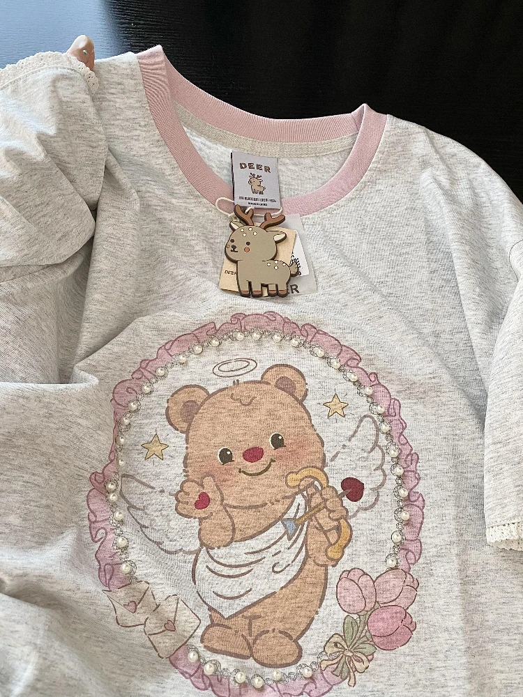 

Женская футболка Dopne Cute Butter Bear с коротким рукавом, шикарная, с кружевными вставками, универсальный топ в корейском стиле, свободного кроя, летняя, из хлопка