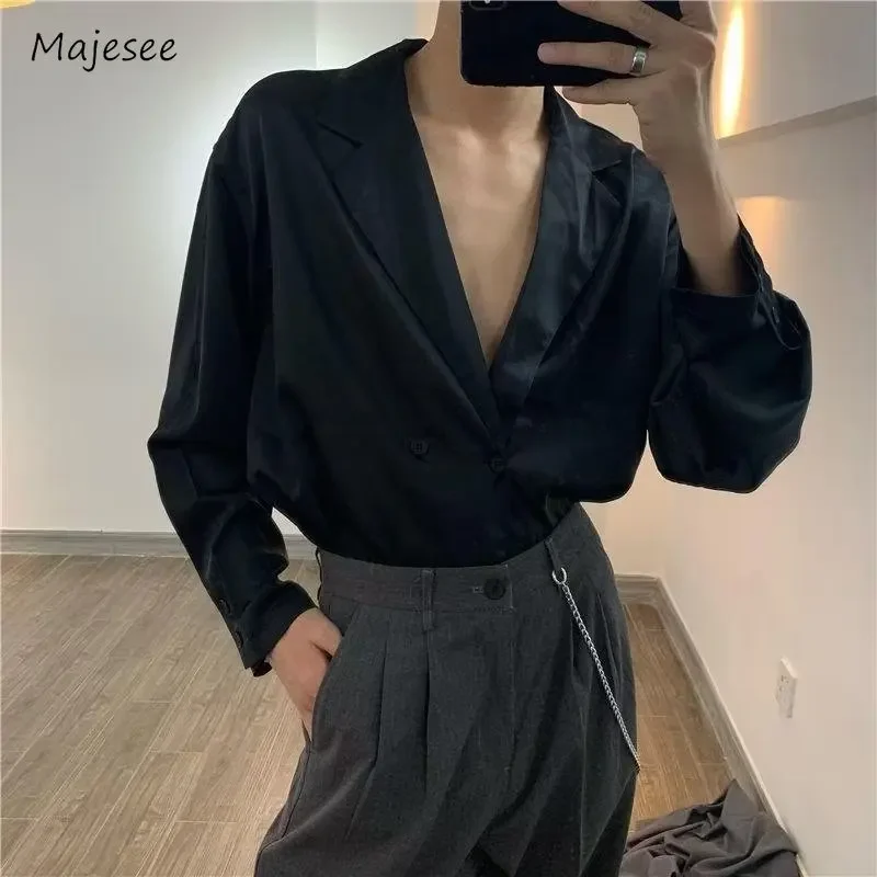 

Baggy Shirts Men V-neck Single Breasted Korean Style Handsome Popular Advanced Pure Color Slouchy Normcore Long Sleeve Retro