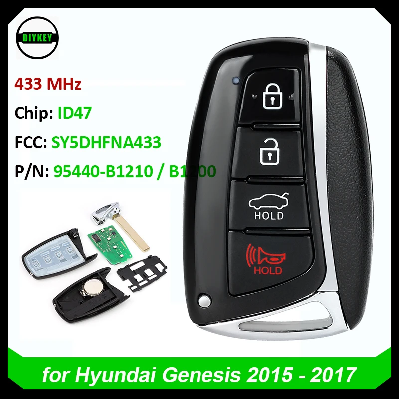 

DIYKEY 95440-B1210 / 95440-B1200 SY5DHFNA433 - 433MHz ID47 Chip 4 Button Smart Remote Key Fob for Hyundai Genesis 2015 2016 2017