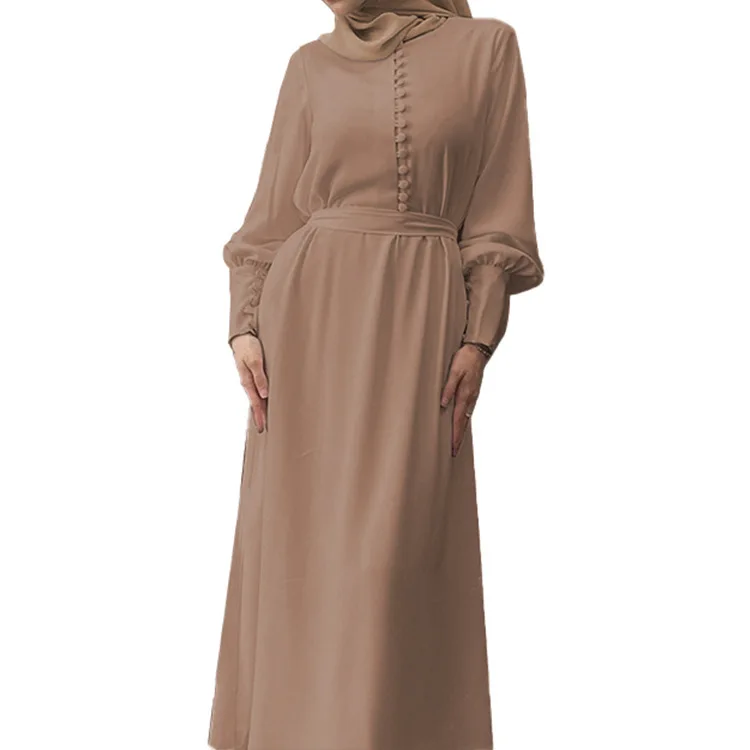 Mulheres muçulmanas elegante chiffon simples cor sólida macio vestido longo cintura-gravata vestido de camada dupla robe abaya botão