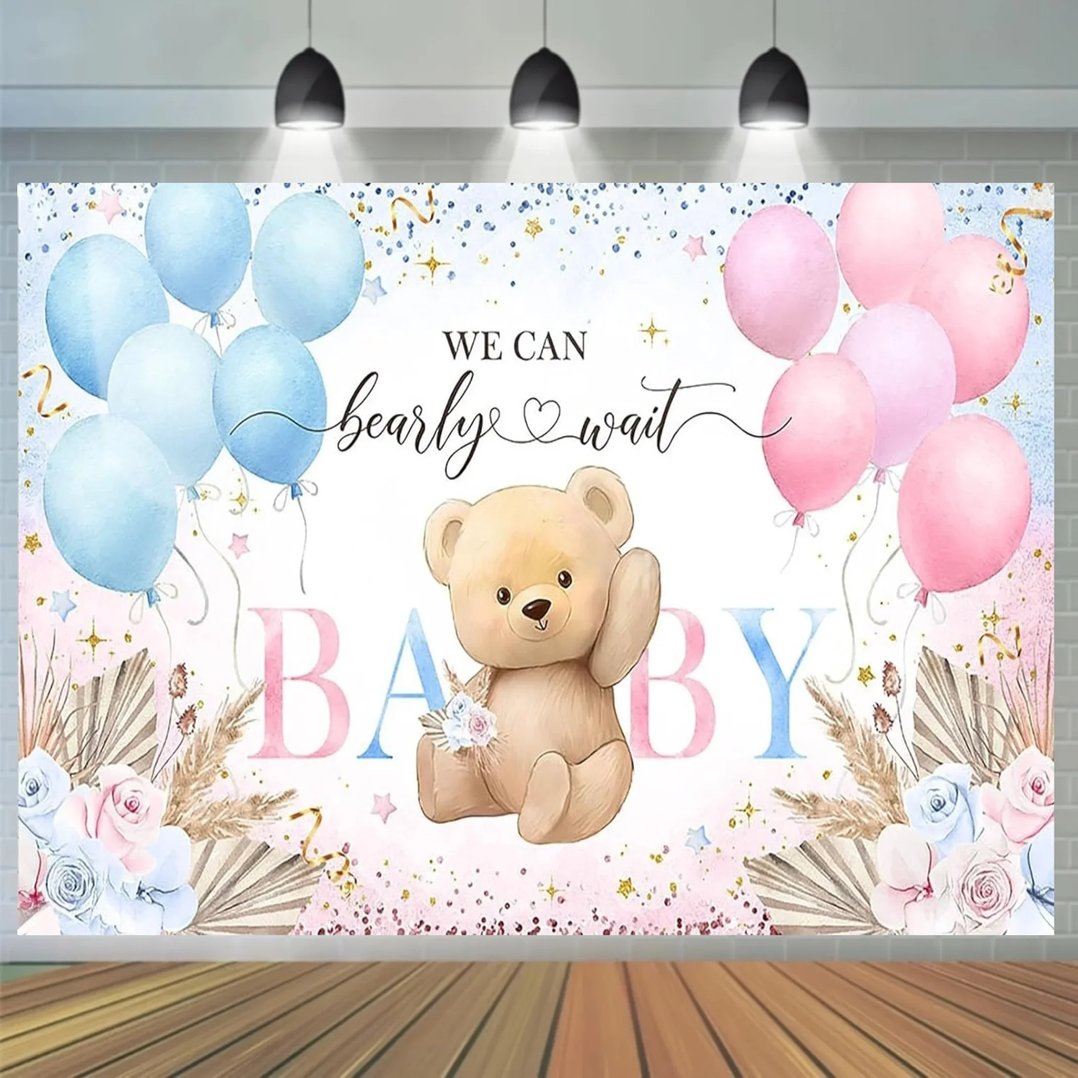 Bohemian Wind Bear with floral gender reveal banner suitable for birthday and shower party decorations without power supply