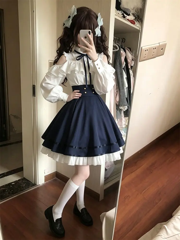 Classic Lolita 2 Piece Skirt Set Women White Ruffle Blouse Navy High Waist A Line Midi Skirt Bow Lace Vintage Tea Party Outfit image 2