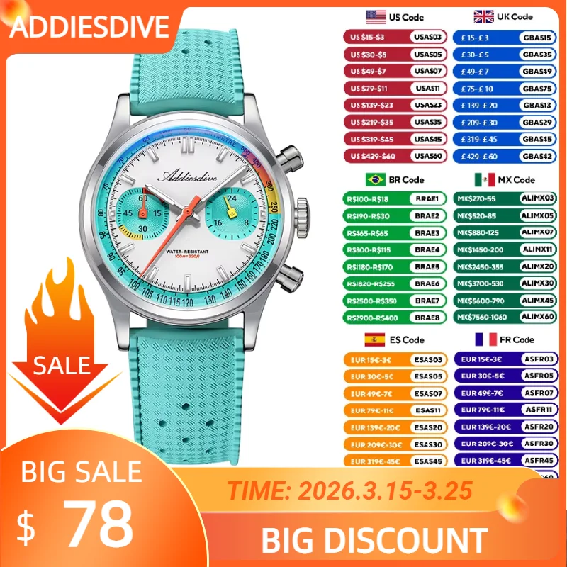 

ADDIESDIVE New Men Watch VK64 Chronograph Domed Glass BGW9 Luminous 38mm Quartz Watches Waterproof Fluorine Rubber AD2529 Reloj