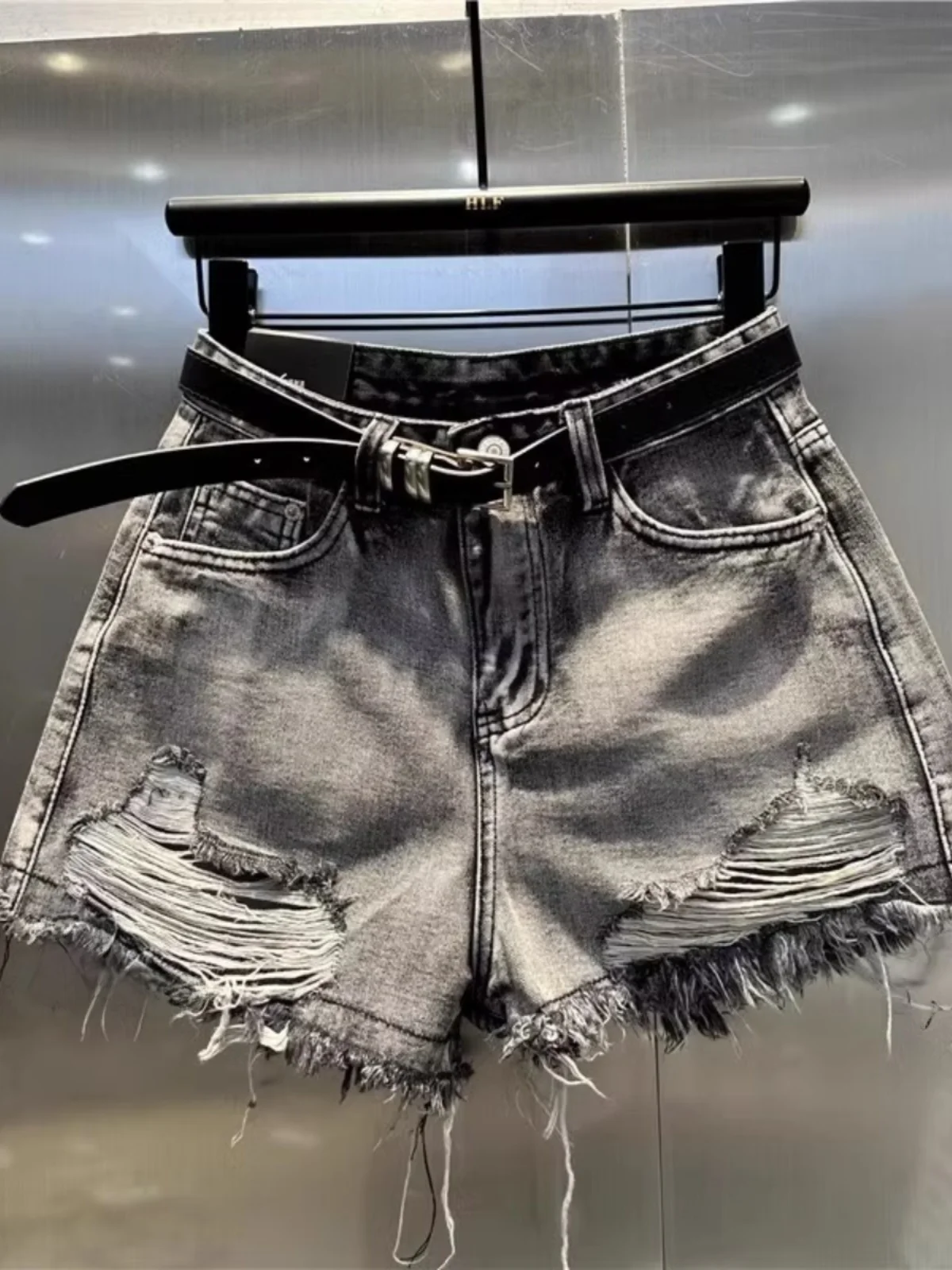 Pantalones Cortos de Mezclilla Negros Lavados, Cintura Alta, Pierna Ancha, Estilo Veraniego, a la Moda, Corte en A, Klein Zeven