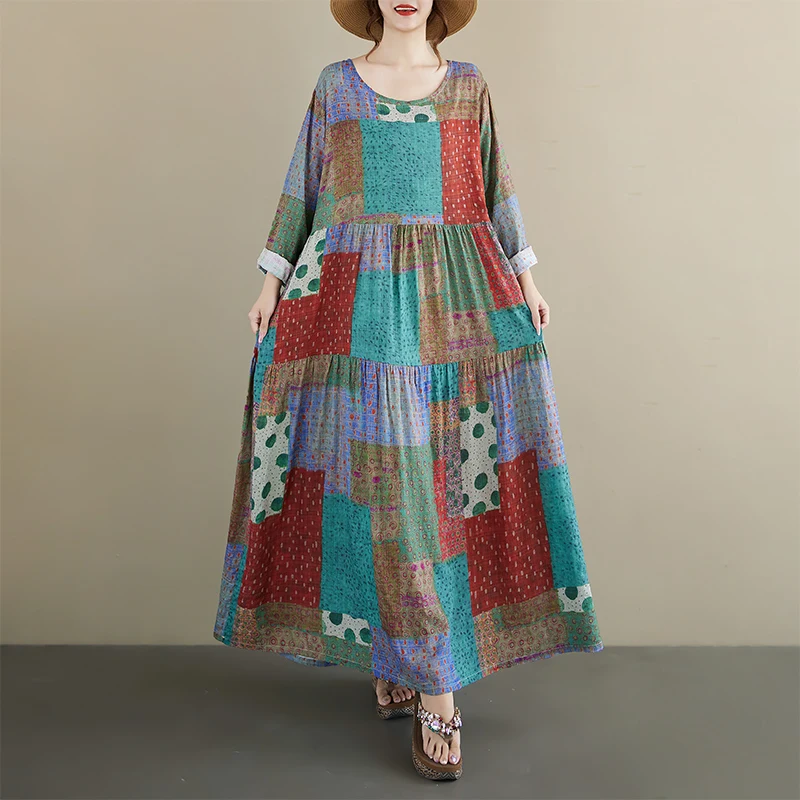 

Loose Long Sve round Ne Print Dr Vintage A-Line Cotton Women's Faion Autumn New Sle Mommy Dr Ciwalk Long Dr