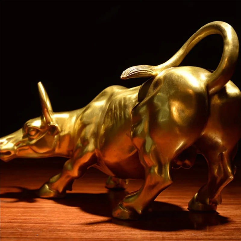 AB46-2X Feng Shui Fortune Brass Bull Statue, Sculpture Home Decoration Golden Copper Bull Represents Good Luck Of Career