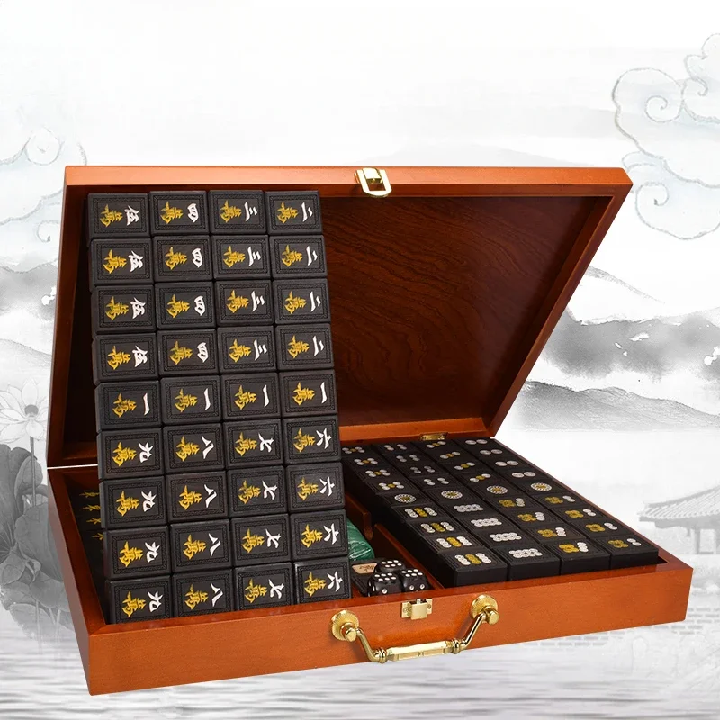 Mahjong set made of ebony solid wood, gift giving for home use, hand playing cards with cushion