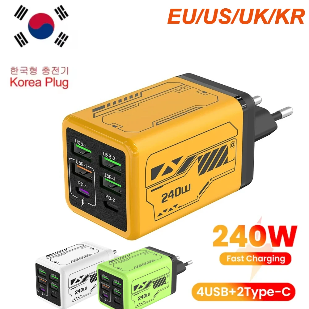 240W USB Charger 6 Ports USB Type C Super Fast Charging Mobile Phone Power Adapter USB QC3.0 For iPhone Samsung EU/UK/US/KR Plug