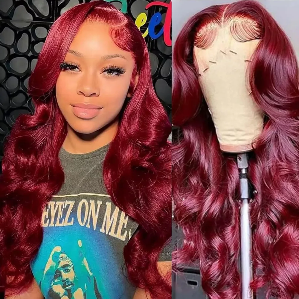 

Парик с прозрачной HD-основой 13x4, 220 плотности, 40 дюймов, с эффектом Body Wave, цвет 99J Бордовый, с кружевной передней частью 13x6, красный, 100% натуральные волосы