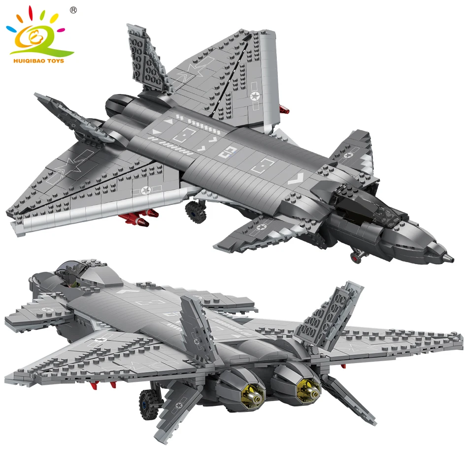 HUIQIBAO Military J-20 Attack Fighter Building Blocks Army City Weapon Plane Airplane Helicopter Bricks Children Toys For Boy